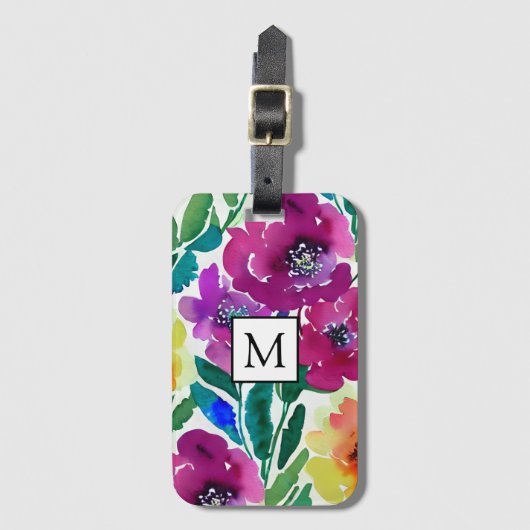 Waterverf Flowers Maroon en Geel Bagagelabel (Voorkant (verticaal))