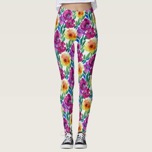 Waterverf Flowers Maroon en Geel Leggings (Voorkant)