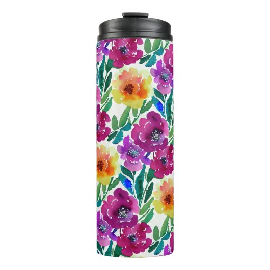 Waterverf Flowers Maroon en Geel Thermosbeker (Voorkant)