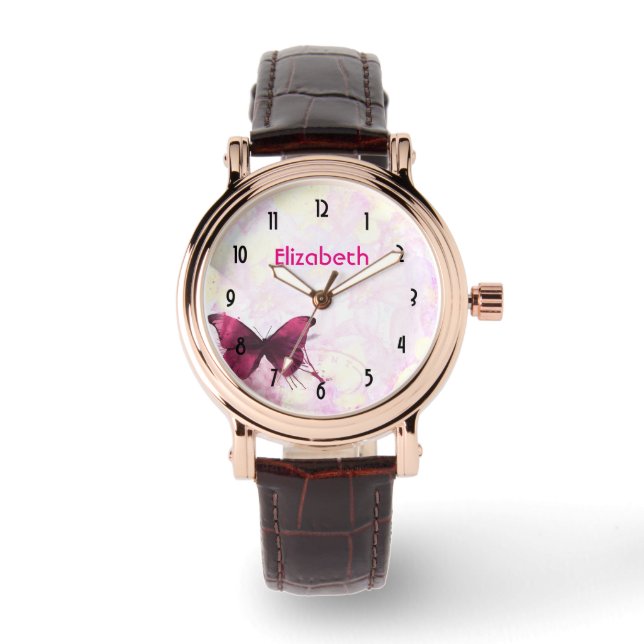 Waterverf Flowers met Butterfly Gepersonaliseerd Horloge (Voorkant)