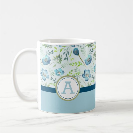 Waterverf Flowers Monogramed Blue Green Koffiemok (Links)