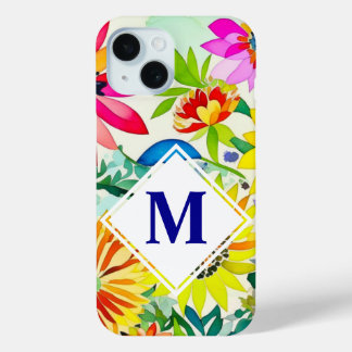 Waterverf Flowers Monogrammed iPhone 15 Case