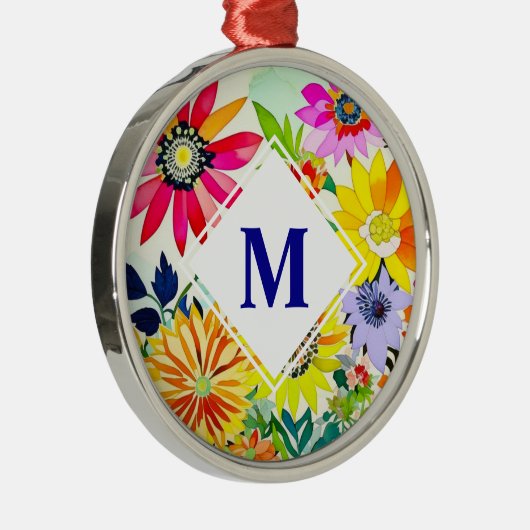 Waterverf Flowers Monogrammed Metalen Ornament (Rechts)