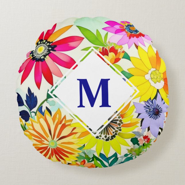 Waterverf Flowers Monogrammed Rond Kussen (Voorkant)