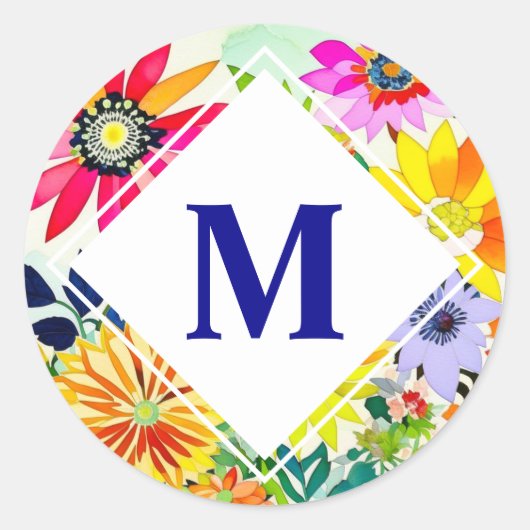 Waterverf Flowers Monogrammed Ronde Sticker (Voorkant)