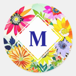 Waterverf Flowers Monogrammed Ronde Sticker