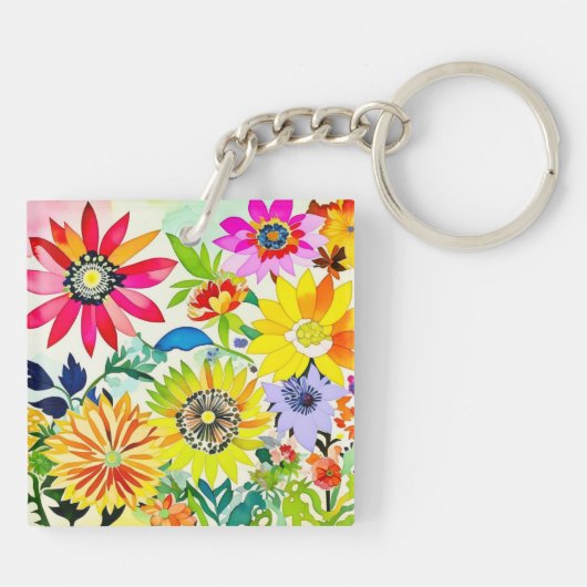 Waterverf Flowers Monogrammed Sleutelhanger (Achterkant)