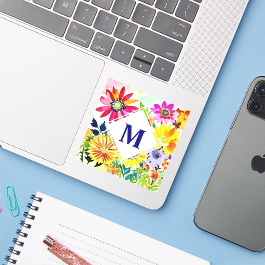 Waterverf Flowers Monogrammed Sticker (Laptop met iPhone)