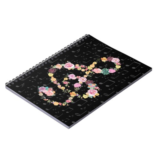 waterverf Flowers Muziek Treble Clef op zwart Notitieboek (Linkerzijde)