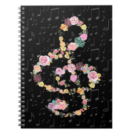waterverf Flowers Muziek Treble Clef op zwart Notitieboek