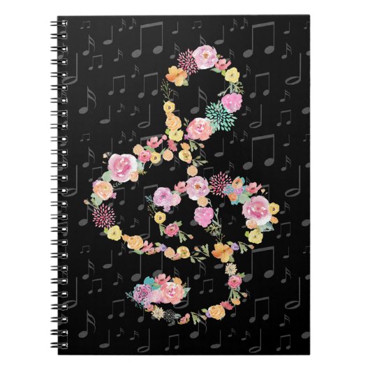 waterverf Flowers Muziek Treble Clef op zwart Notitieboek (Voorkant)