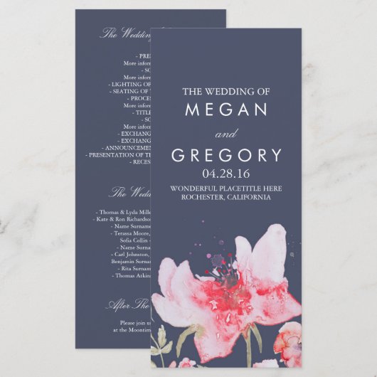 Waterverf Flowers Navy en roze bruiloft programma' Programmakaart (Voorkant / Achterkant)