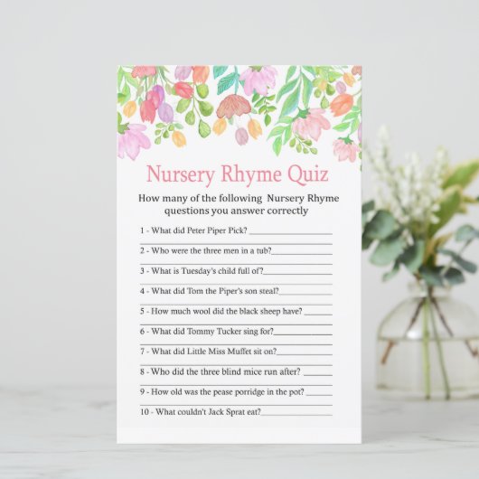 Waterverf Flowers Nursery Rhyme Quiz baby shower (Staand voorkant)