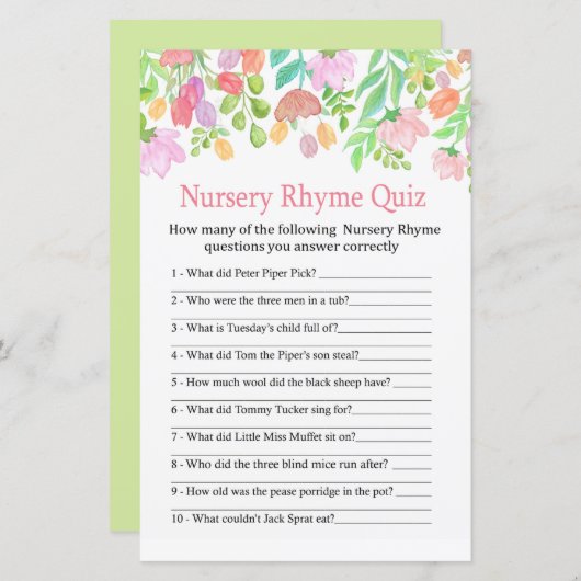 Waterverf Flowers Nursery Rhyme Quiz baby shower (Voorkant / Achterkant)