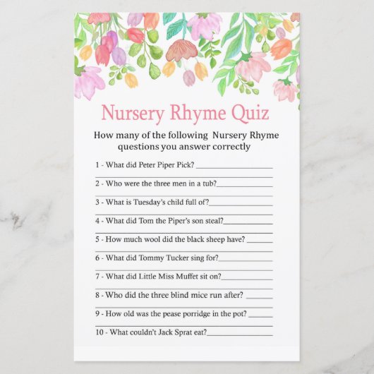 Waterverf Flowers Nursery Rhyme Quiz baby shower (Voorkant)