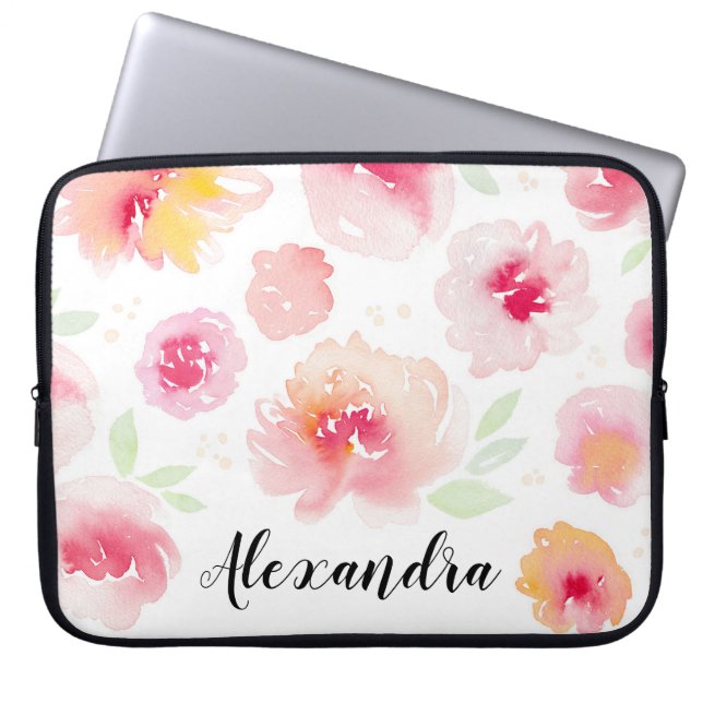 Waterverf Flowers Persoonlijke naam Laptop Sleeve (Voorkant)