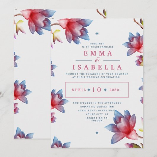 Waterverf Flowers Red and Blue Wedding Invitation Kaart (Voorkant / Achterkant)