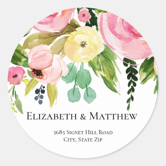 Waterverf Flowers Return Address Classic Round St Ronde Sticker (Voorkant)