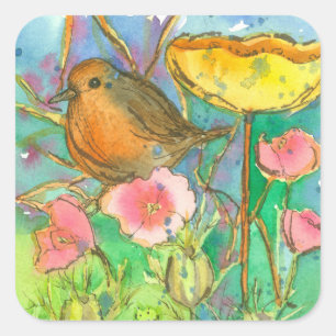 Waterverf Flowers Robin Bird Vierkante Sticker