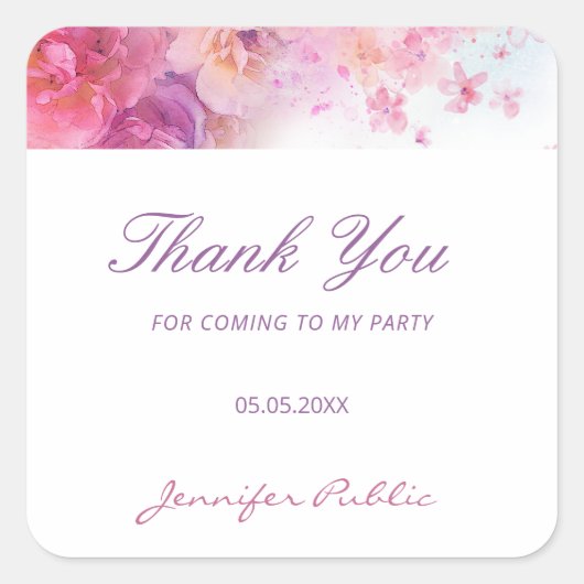 Waterverf Flowers Rozen Handschrift Dank u Vierkante Sticker (Voorkant)