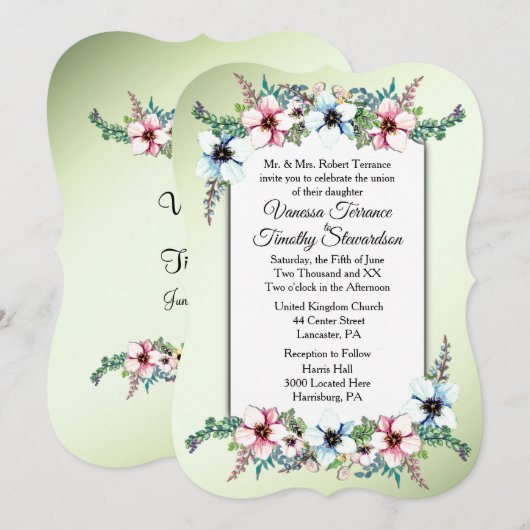 Waterverf Flowers Shine Wedding Invitation Kaart (Voorkant / Achterkant)