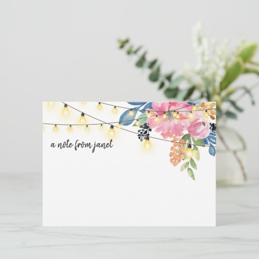 Waterverf Flowers & String Lights Note Card (Staand voorkant)