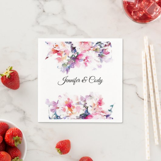Waterverf Flowers Wedding Add Names Cocktail Servet (Insitu)