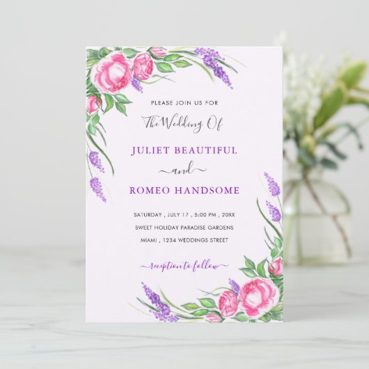 Waterverf Flowers Wedding Invitation Card (Staand voorkant)