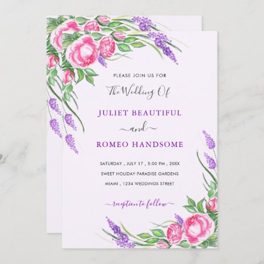 Waterverf Flowers Wedding Invitation Card (Voorkant / Achterkant)
