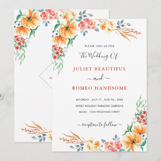 Waterverf Flowers Wedding Invitation Card (Voorkant / Achterkant)