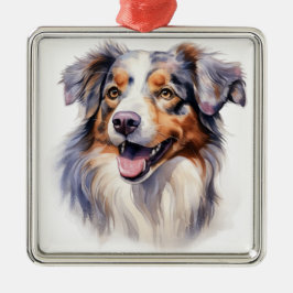 WATERVERF FLUFFIGE AUSTRALISCHE SHEEPDOG HOND METALEN ORNAMENT