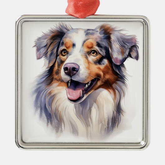 WATERVERF FLUFFY AUSTRALISCHE HERDERSHOND METALEN ORNAMENT (Voorkant)