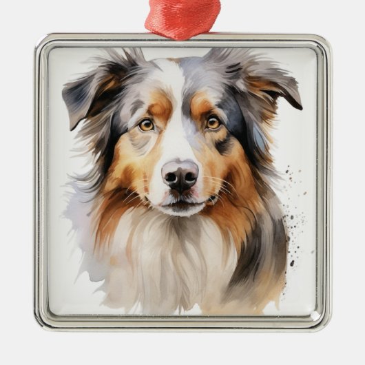 WATERVERF FLUFFY AUSTRALISCHE HERDERSHOND METALEN ORNAMENT (Voorkant)