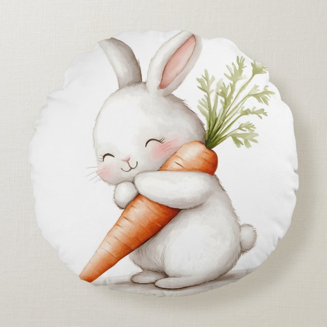 Waterverf Fluffy Bunny Carrot Love Rond Kussen (Voorkant)