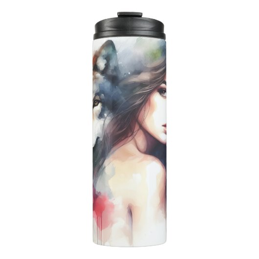 Waterverf fluistert: vrouw en wolf. thermosbeker (Voorkant)