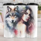 Waterverf fluistert: vrouw en wolf. thermosbeker