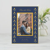 Waterverf Fluitenkruid Op Navy Foto Save the Date (Staand voorkant)