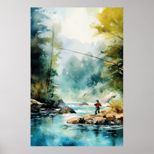 Waterverf Fly Fishing Poster - Geviste kunst