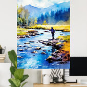 Waterverf Fly Fishing Poster - Geviste kunst (Thuiskantoor)