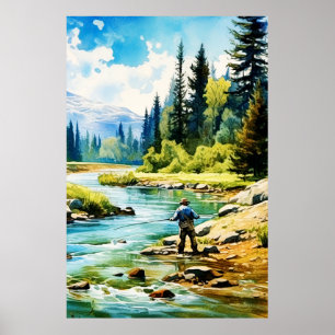 Waterverf Fly Fishing Poster - Geviste kunst