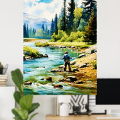 Waterverf Fly Fishing Poster - Geviste kunst (Thuiskantoor)
