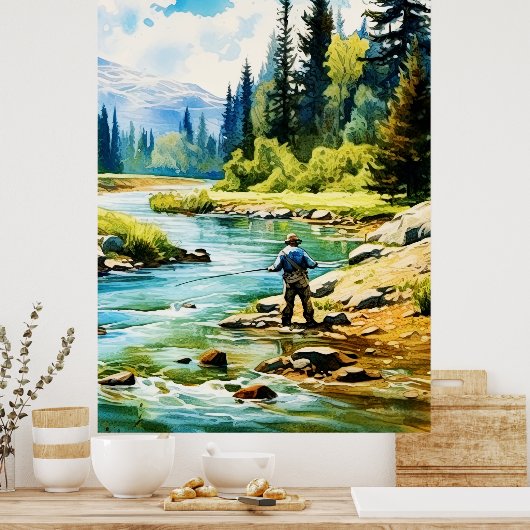 Waterverf Fly Fishing Poster - Geviste kunst (Keuken)