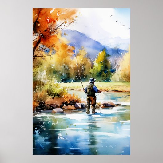 Waterverf Fly Fishing Poster - Geviste kunst (Voorkant)