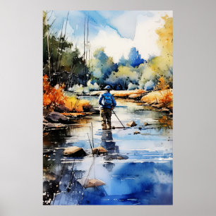 Waterverf Fly Fishing Poster - Geviste kunst