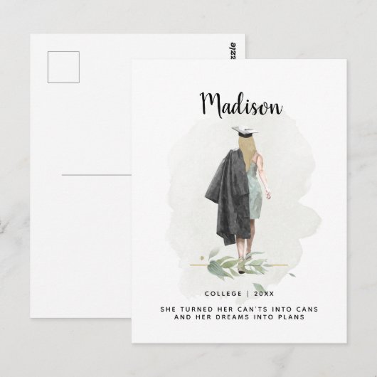 Waterverf Foliage Afstuderen Girl Aankondiging Briefkaart (Voorkant / Achterkant)