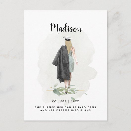 Waterverf Foliage Afstuderen Girl Aankondiging Briefkaart (Voorkant)