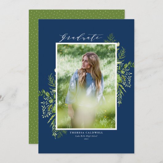 Waterverf Foliage Blue Photo Afstuderen Aankondiging (Voorkant / Achterkant)