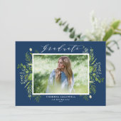 Waterverf Foliage Blue Photo Afstuderen Aankondiging (Staand voorkant)