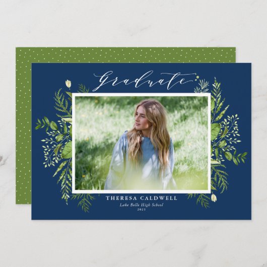 Waterverf Foliage Blue Photo Afstuderen Aankondiging (Voorkant / Achterkant)