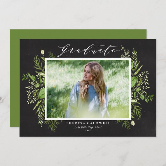 Waterverf Foliage Chalkboard Photo Afstuderen Aankondiging (Voorkant / Achterkant)